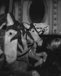 a black and white photograph of a carousel horse